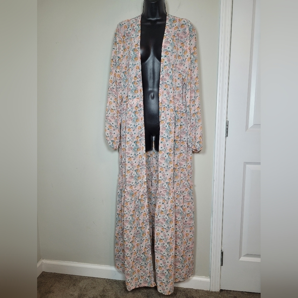 Wild Fable Rose Floral Long Line Open Front Ruffle Cardgian sz XL XXL